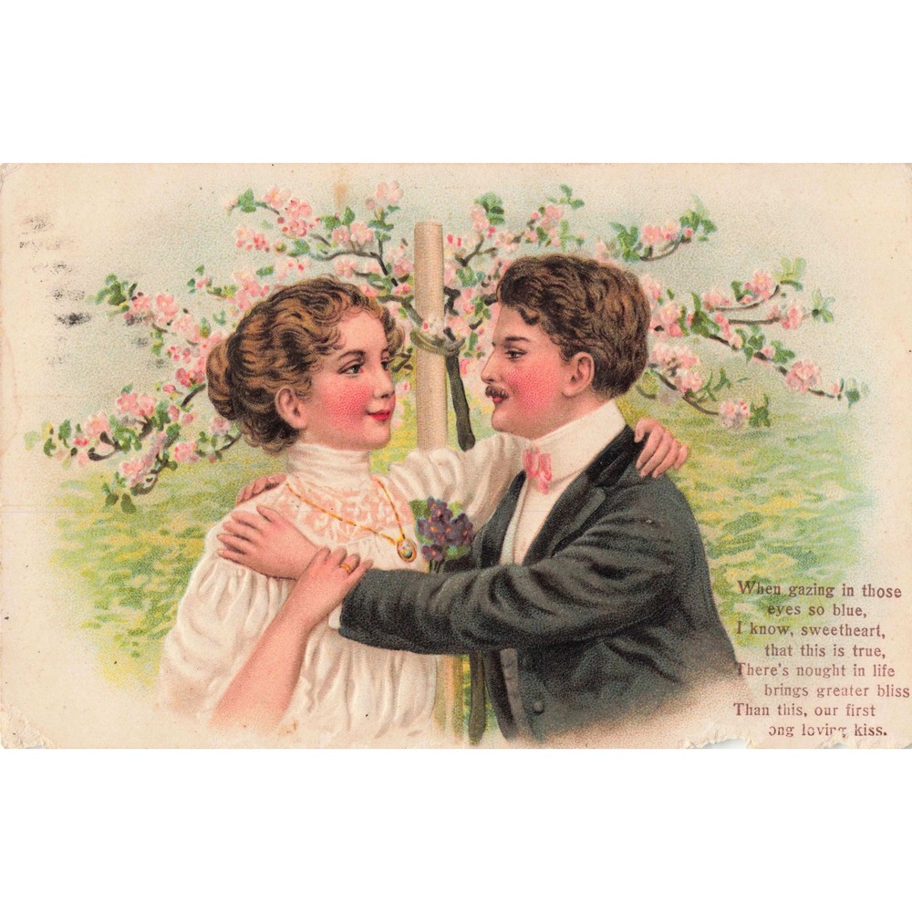 Antique Romantic Couple Embracing Poem Postcard 1910 Bath PA Postmark Embossed